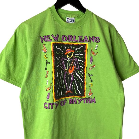 Vintage 90s New Orleans T Shirt Adult Green Large L USA Single Stitch Solid Logo - Picture 2 of 16